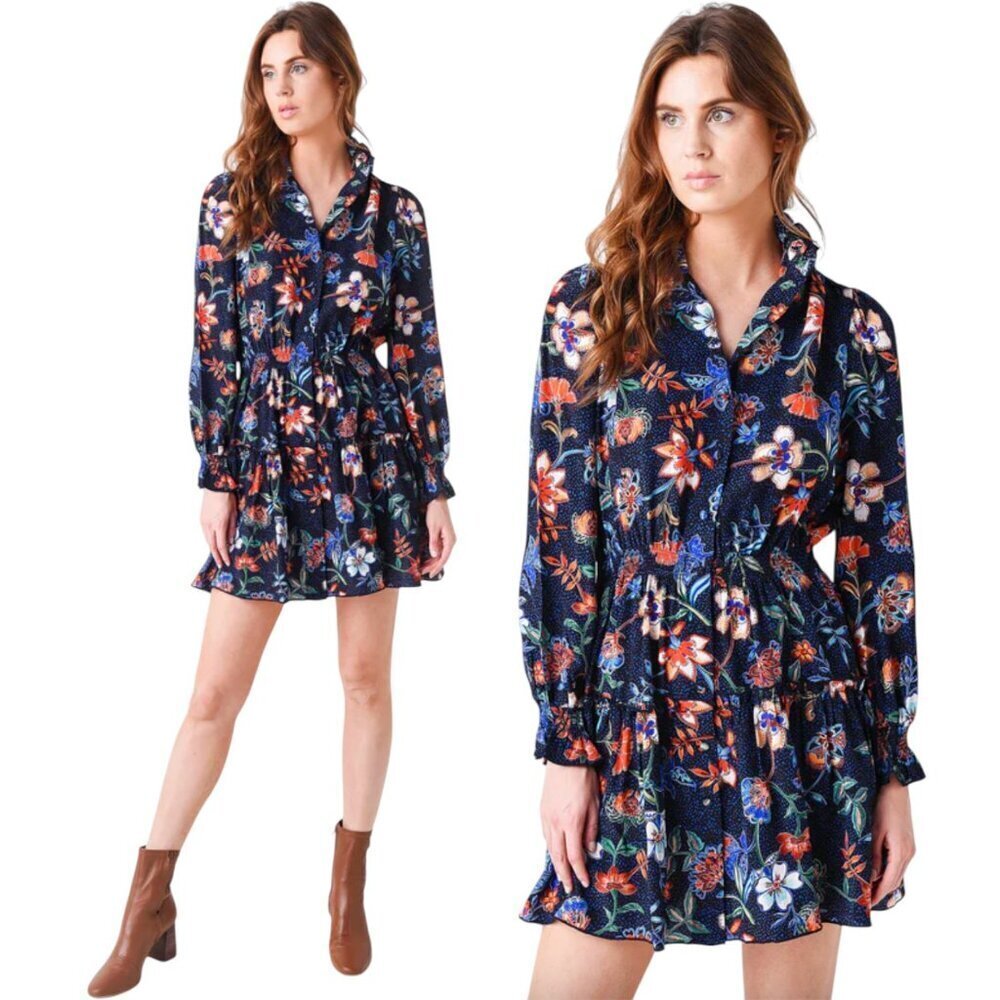 Hunter Bell Silk Joplin Dress Floral long sleeve  Size Small Ruffle High Neck